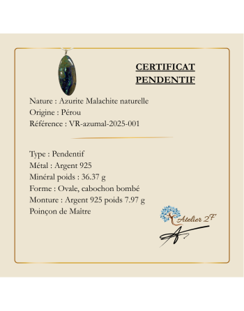 Pendentif Azurite Malachite Argent 925 – Artisanat, Pierre Naturelle. Atelier 2F Unilliance Minéraux