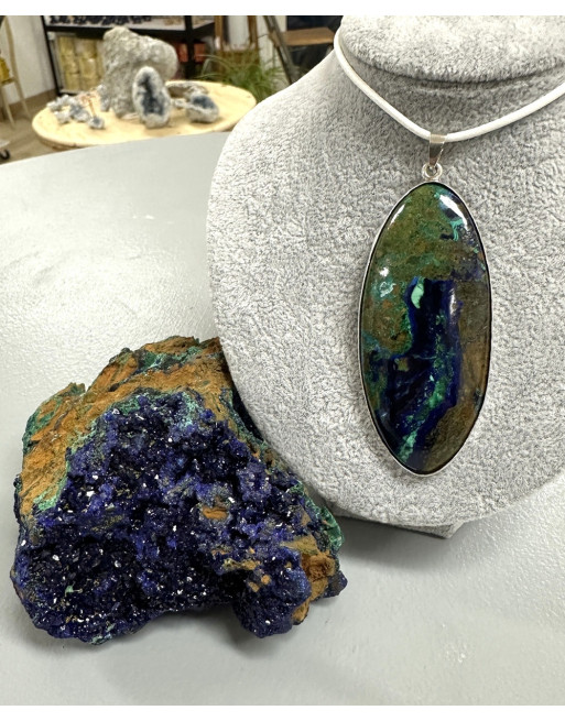 Pendentif Azurite Malachite Argent 925 – Artisanat, Pierre Naturelle. Atelier 2F Unilliance Minéraux