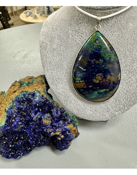 Pendentif Azurite Malachite Argent 925 – Artisanat, Pierre Naturelle. Atelier 2F Unilliance Minéraux