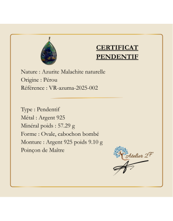 Pendentif Azurite Malachite Argent 925 – Artisanat, Pierre Naturelle. Atelier 2F Unilliance Minéraux