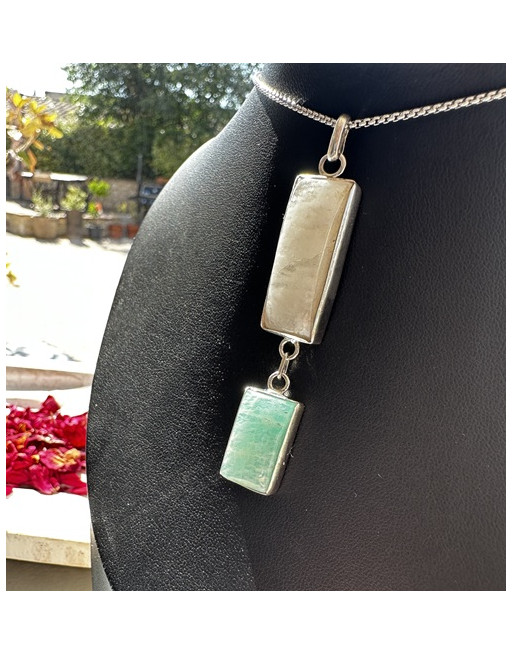 PENDENTIF PIERRE DE LUNE AMAZONITE NATURELLE ARTISANAL ATELIER 2F UNILLIANCE MINERAUX