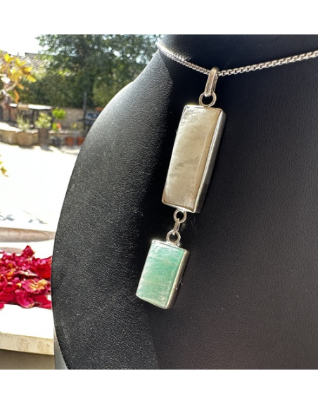 PENDENTIF PIERRE DE LUNE AMAZONITE NATURELLE ARTISANAL ATELIER 2F UNILLIANCE MINERAUX